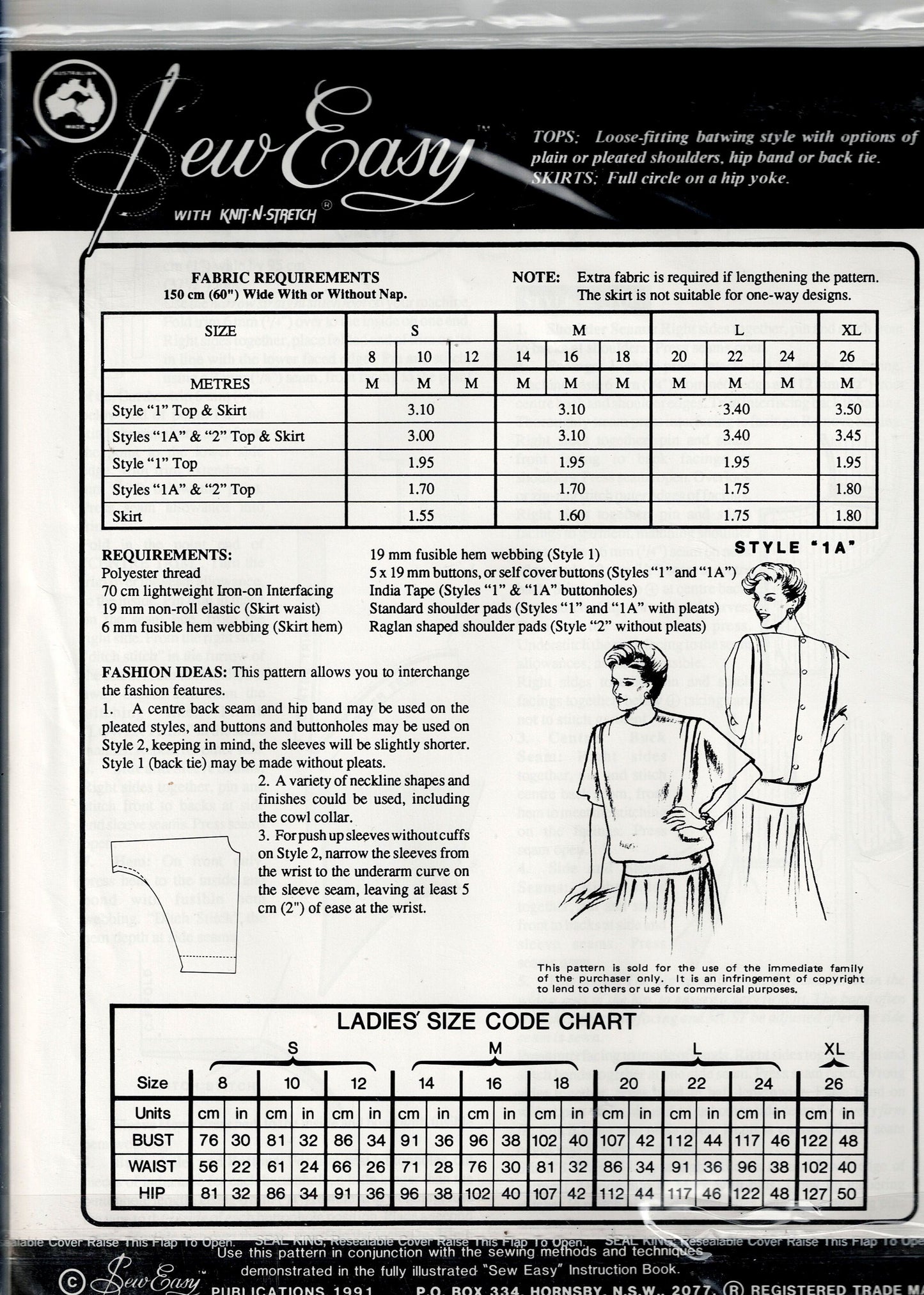 Sew Easy 159 A Womens Stretch Knit Batwing Tops & Yoked Circle Skirts 1990s Vintage Sewing Pattern Sizes 6 - 26 UNCUT Master Pattern