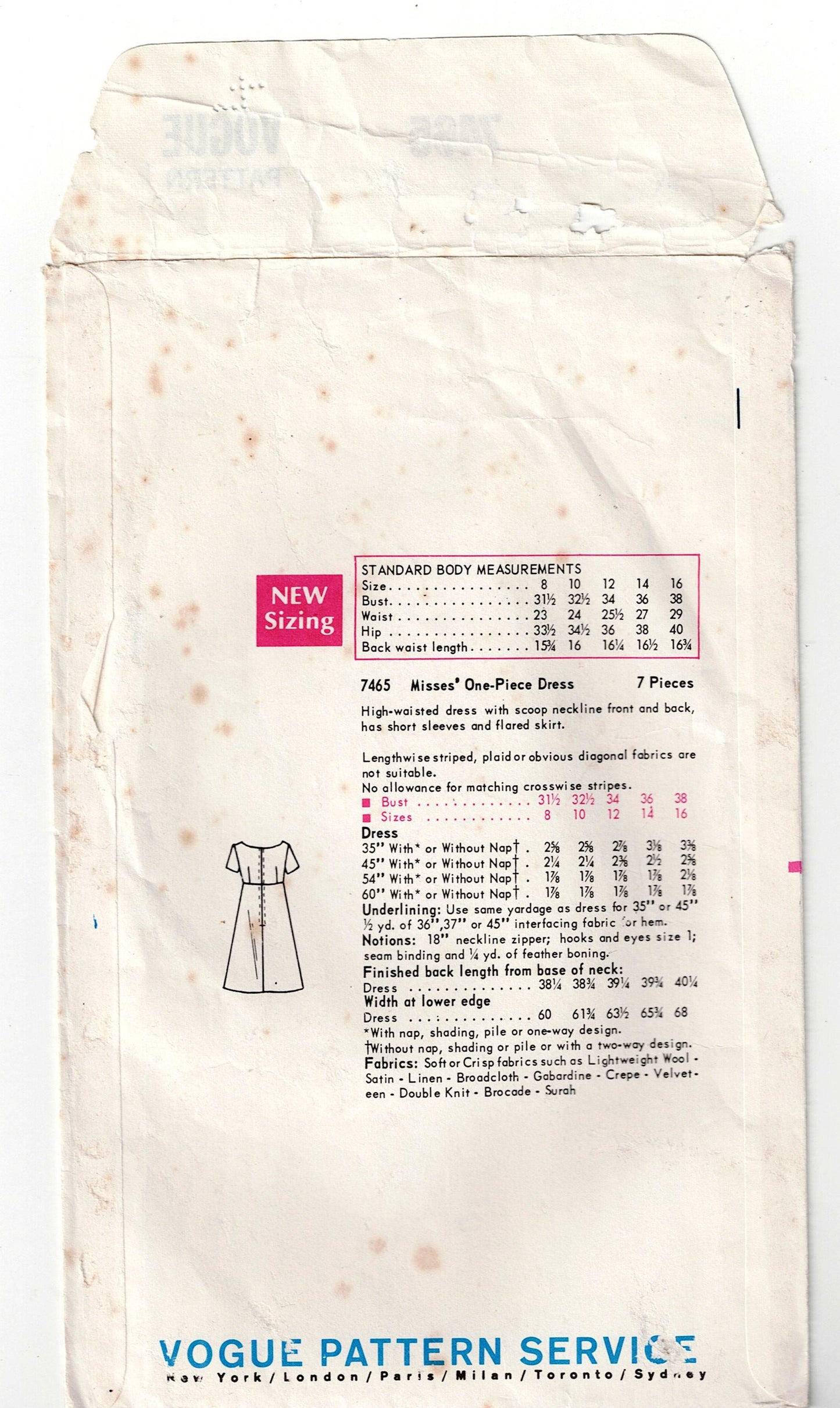 Vogue 7465 RARE Womens Evening High Waisted Tent Dress 1960s Vintage Sewing Pattern Size 12 Bust 34 inches