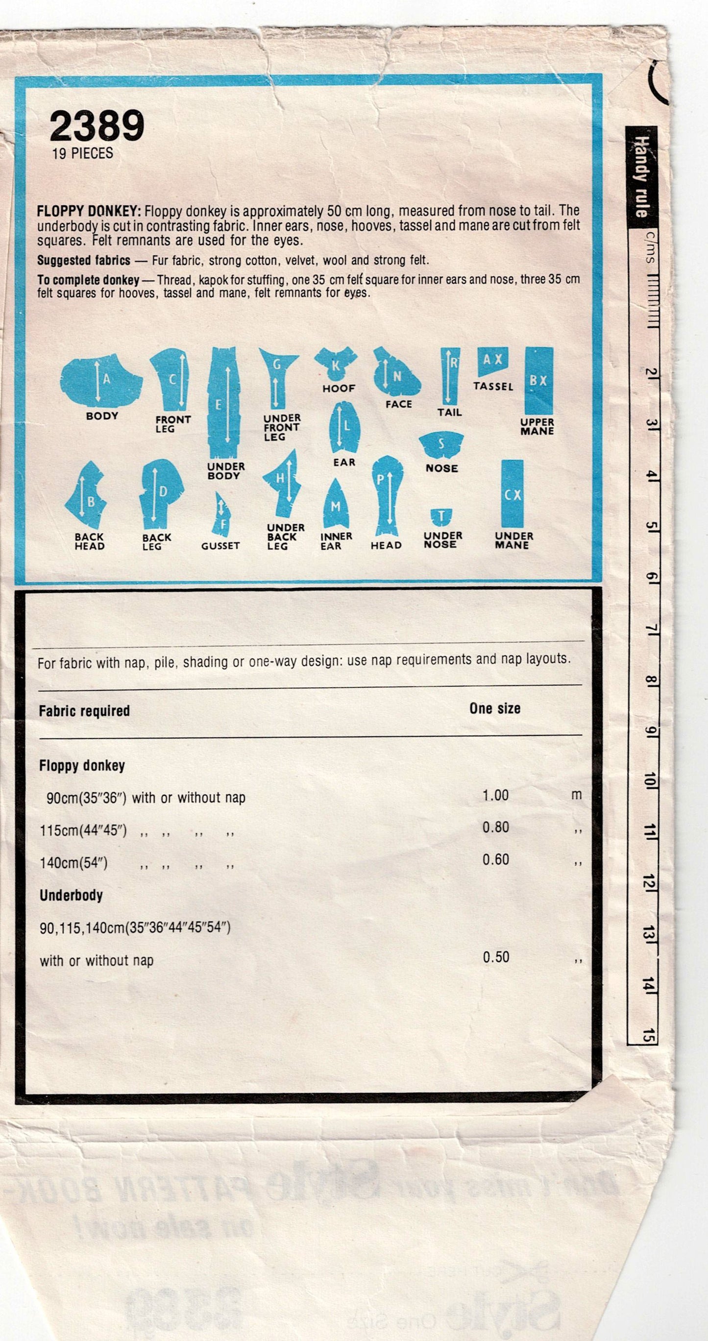 Style 2389 Stuffed Toy Donkey 1970s Vintage Sewing Pattern UNCUT Factory Folded