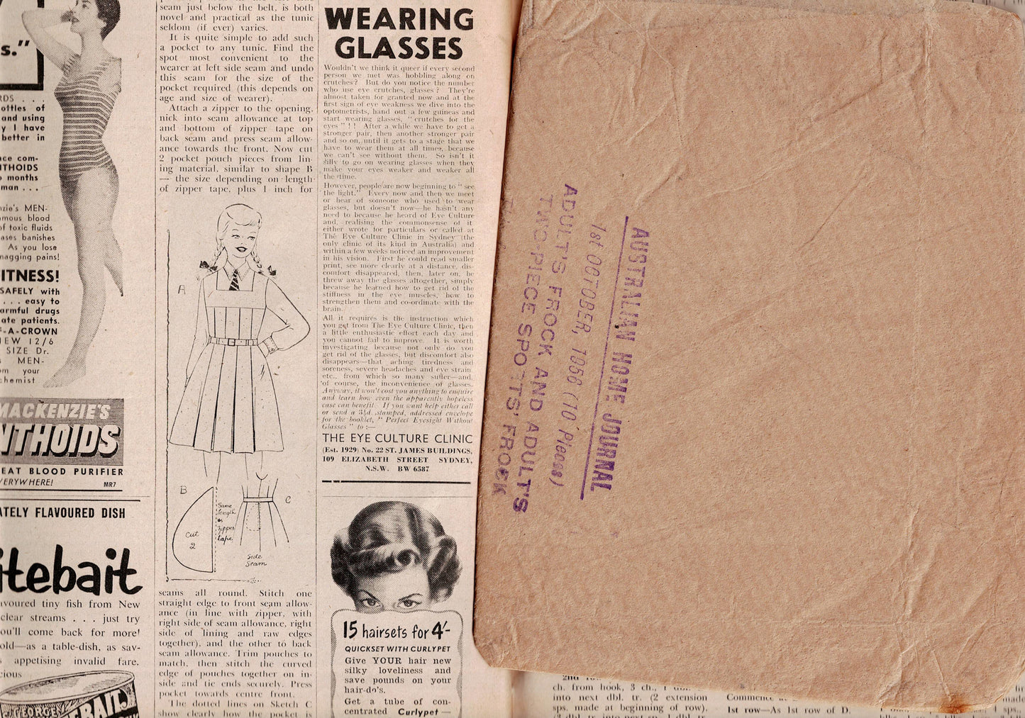 Australian Home Journal October 1956 Magazine with Womens Playsuit Shirtdress & Wrap Skirt Sewing Patterns Included