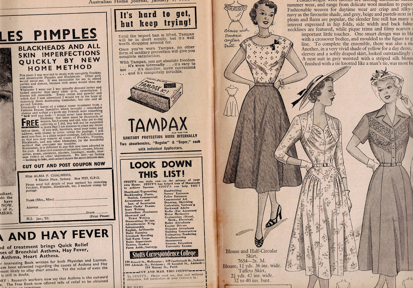 Australian Home Journal Magazine January 1953 with 2 Womens 1 Toddler & 1 Teen Girls Dress Patterns Included