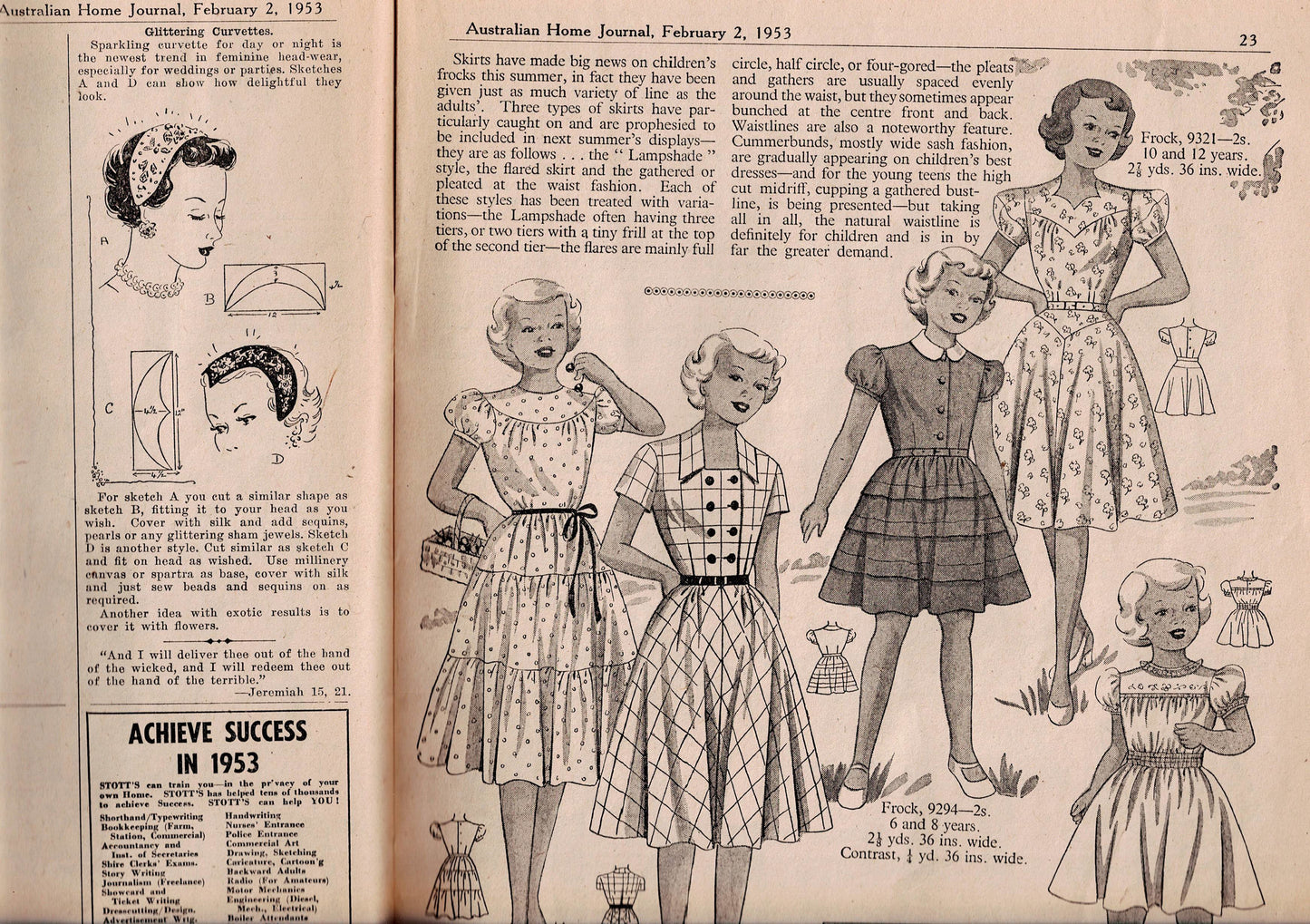 Australian Home Journal Magazine February 1953 with Womens Full Skirt Dress Tennis Dress & Girls Party Dress Patterns Included