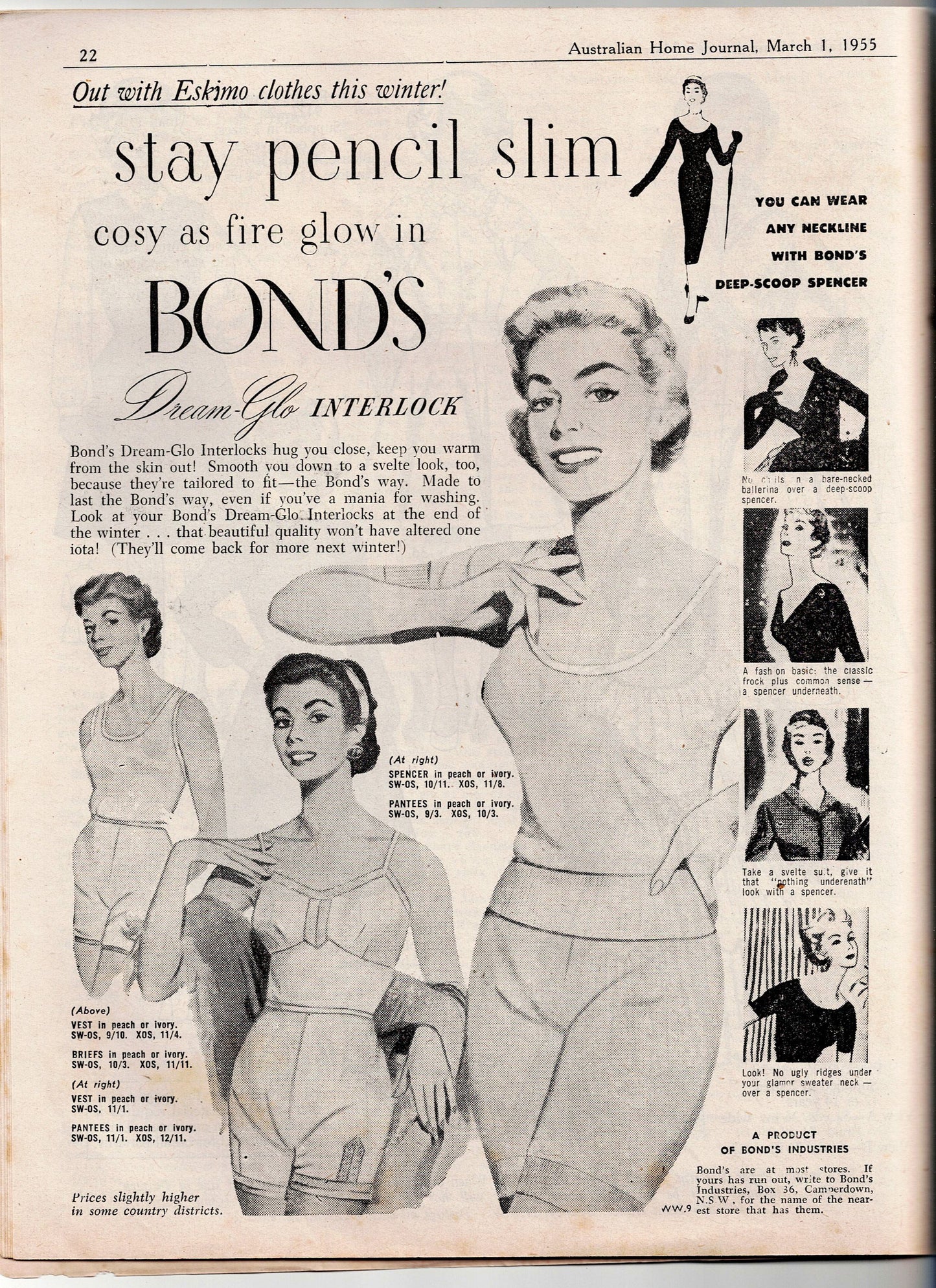 Australian Home Journal Magazine March 1955 with 2 Womens Frocks Slip & Scanties Patterns Included