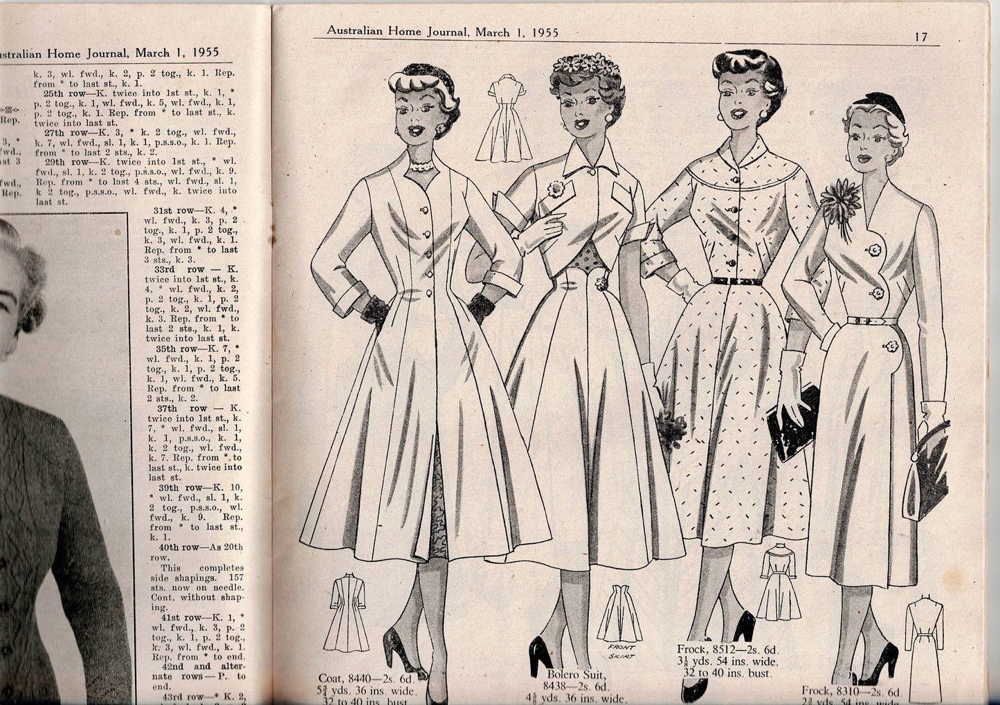 Australian Home Journal Magazine March 1955 with 2 Womens Frocks Slip & Scanties Patterns Included