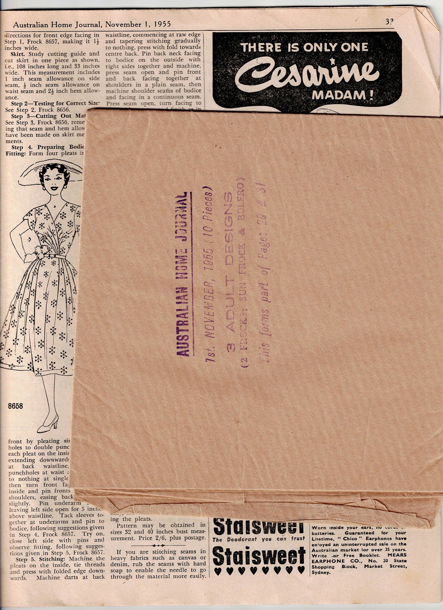 Australian Home Journal November 1955 Magazine with Womens 3 Dresses & Bolero Jacket Sewing Patterns Included