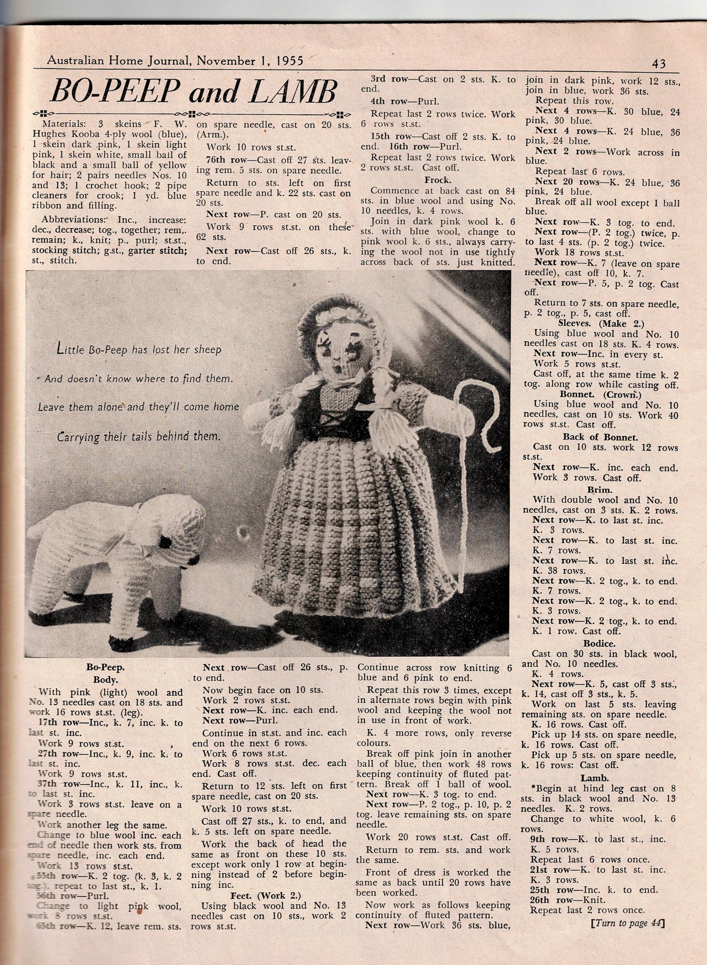 Australian Home Journal November 1955 Magazine with Womens 3 Dresses & Bolero Jacket Sewing Patterns Included