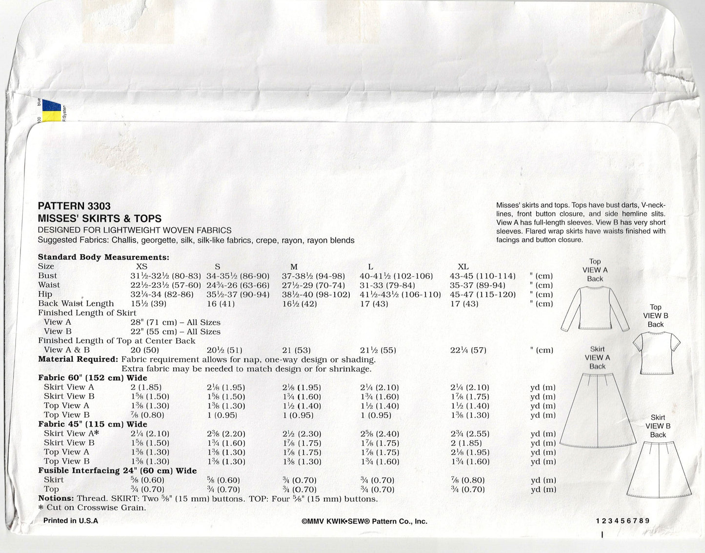 Kwik Sew 3303 Womens Button Front Tops & Skirts Out Of Print Sewing Pattern Size XS - XL UNCUT Factory Folded