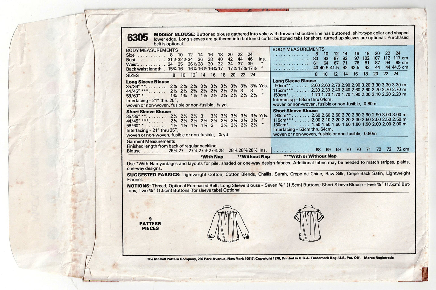 McCall's 6305 Womens EASY Casual Yoked Blouses 1970s Vintage Sewing Pattern Size 12 Bust 34 Inches