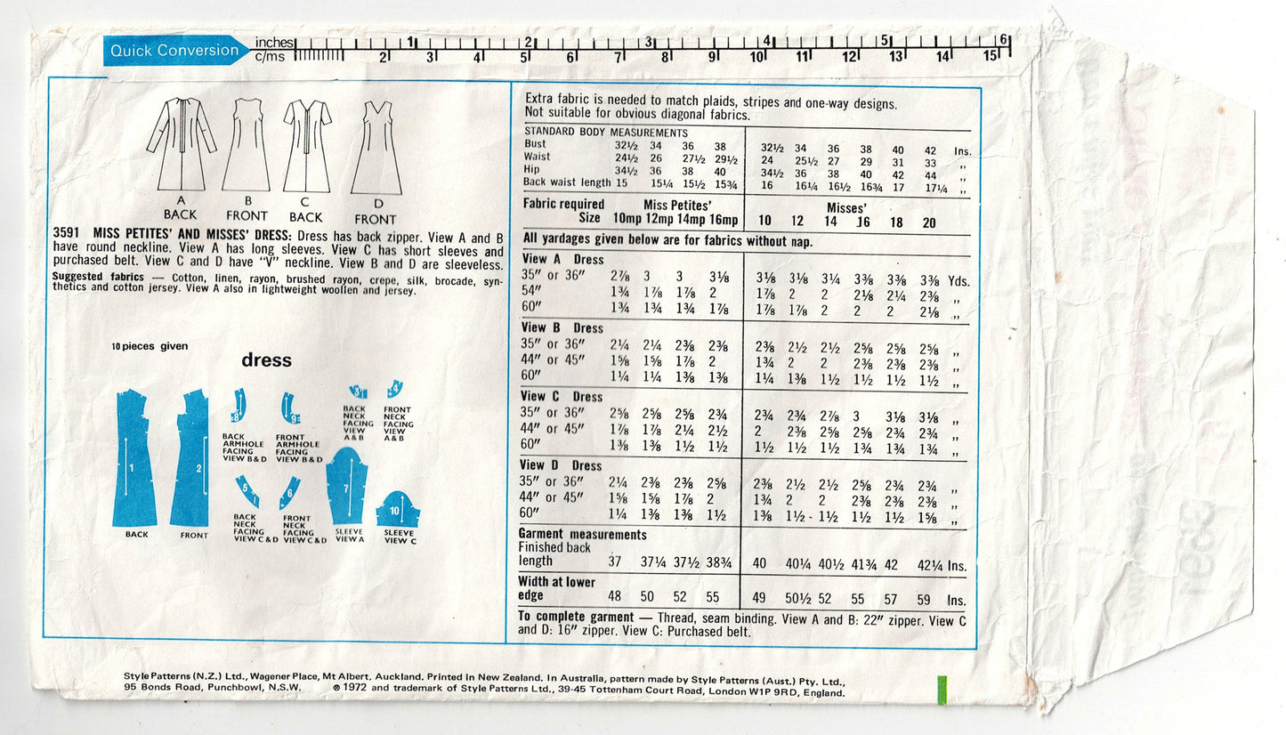 Style 3591 Womens Fit & Flared Dress 1970s Vintage Sewing Pattern Size 14 Bust 36 Inches