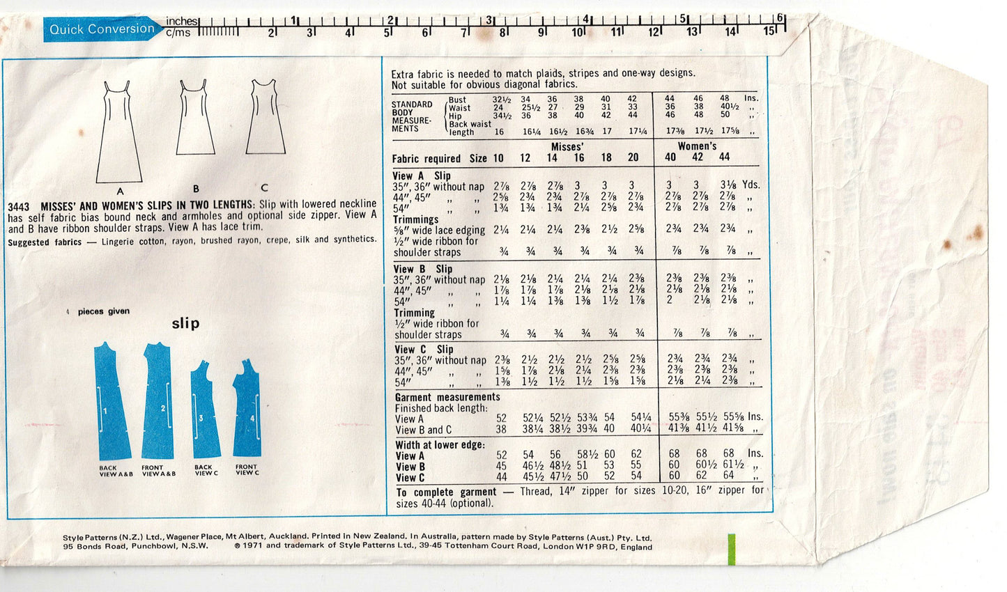 Style 3443 Womens EASY Slip or Dress in 2 Styles 1970s Vintage Sewing Pattern Bust 44 Inches