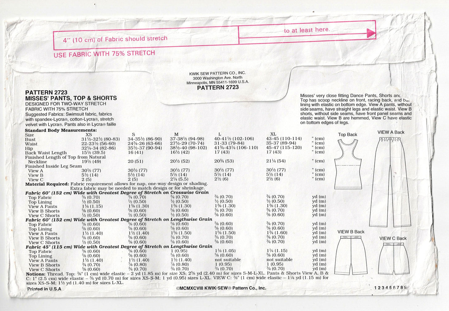 Patrón de costura Kwik Sew 2723 para pantalones cortos de baile elásticos para mujer, camisetas sin mangas, tallas XS a XL