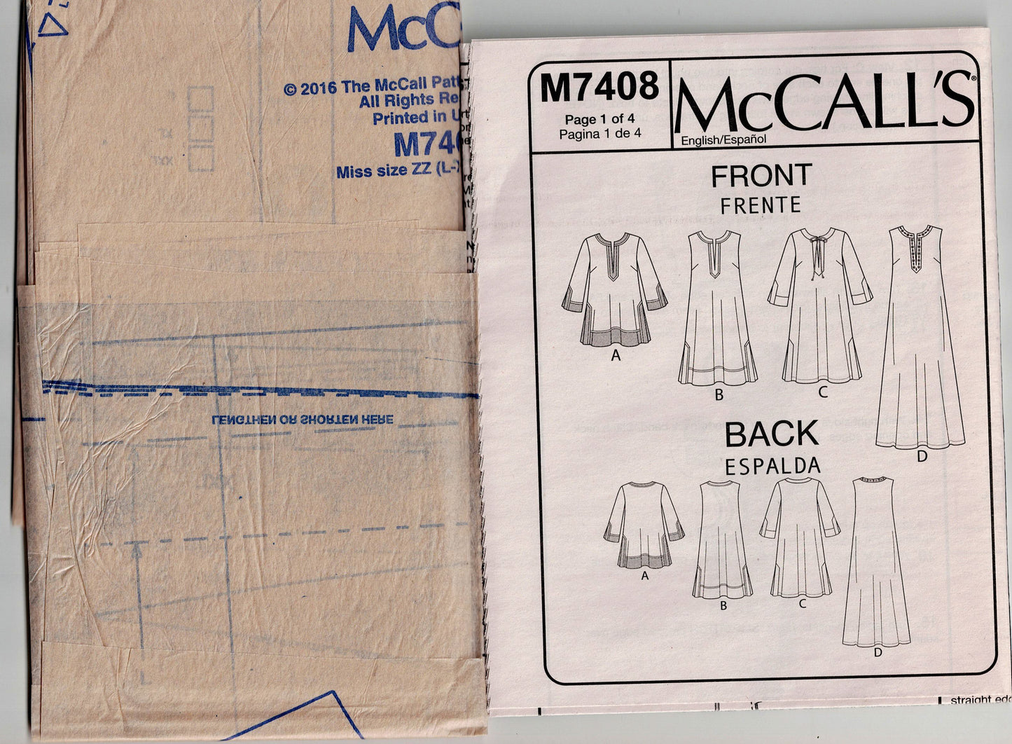 McCall's 7408 Womens EASY Pullover Caftan Dress or Top Out Of Print Sewing Pattern Size XS - M or L - XXL UNCUT Factory Folded