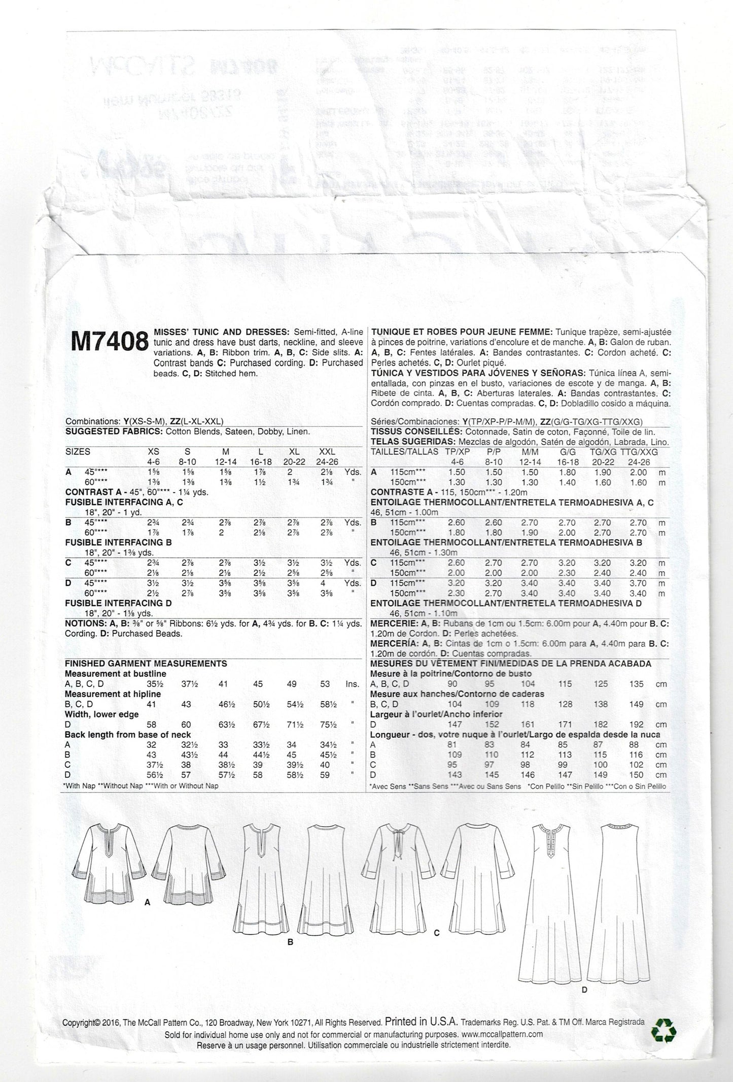 McCall's 7408 Womens EASY Pullover Caftan Dress or Top Out Of Print Sewing Pattern Size XS - M or L - XXL UNCUT Factory Folded