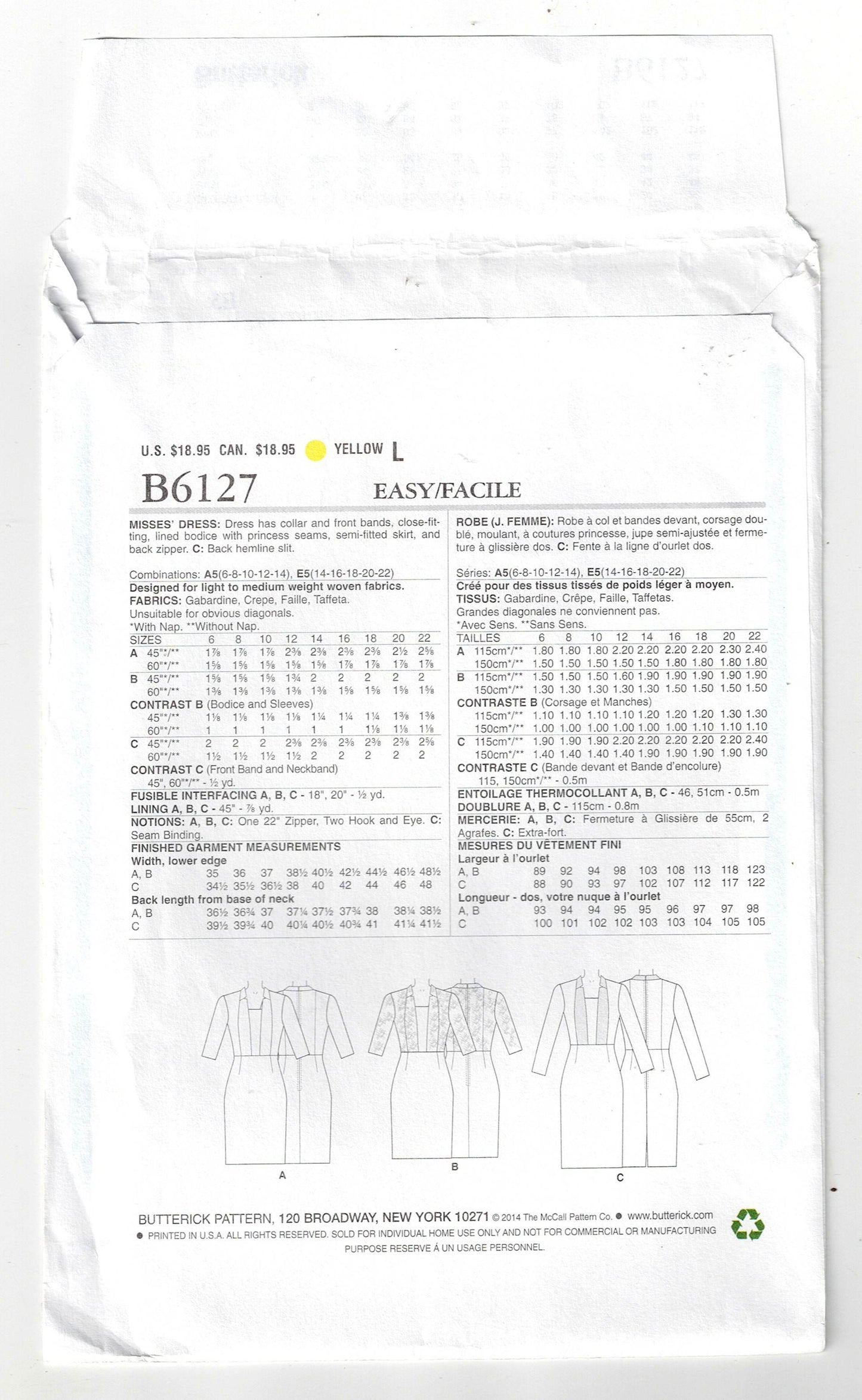 Butterick 6127 Womens Slim Princess Dress with Collar & Front Bands Out Of Print Sewing Pattern Sizes 14 - 22 UNCUT Factory Folded