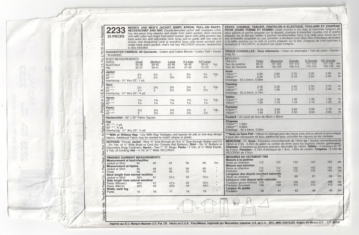 McCall's 2233 Mens Womens UNISEX Kitchen Aprons Chef Uniform & Hat 1990s Vintage Sewing Pattern Bust/Chest 38-40 Inches UNCUT Factory Folded