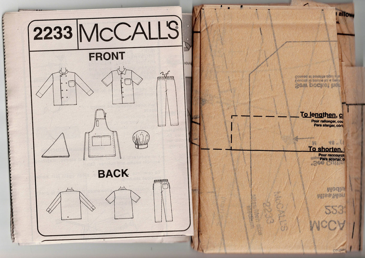 McCall's 2233 Mens Womens UNISEX Kitchen Aprons Chef Uniform & Hat 1990s Vintage Sewing Pattern Bust/Chest 38-40 Inches UNCUT Factory Folded
