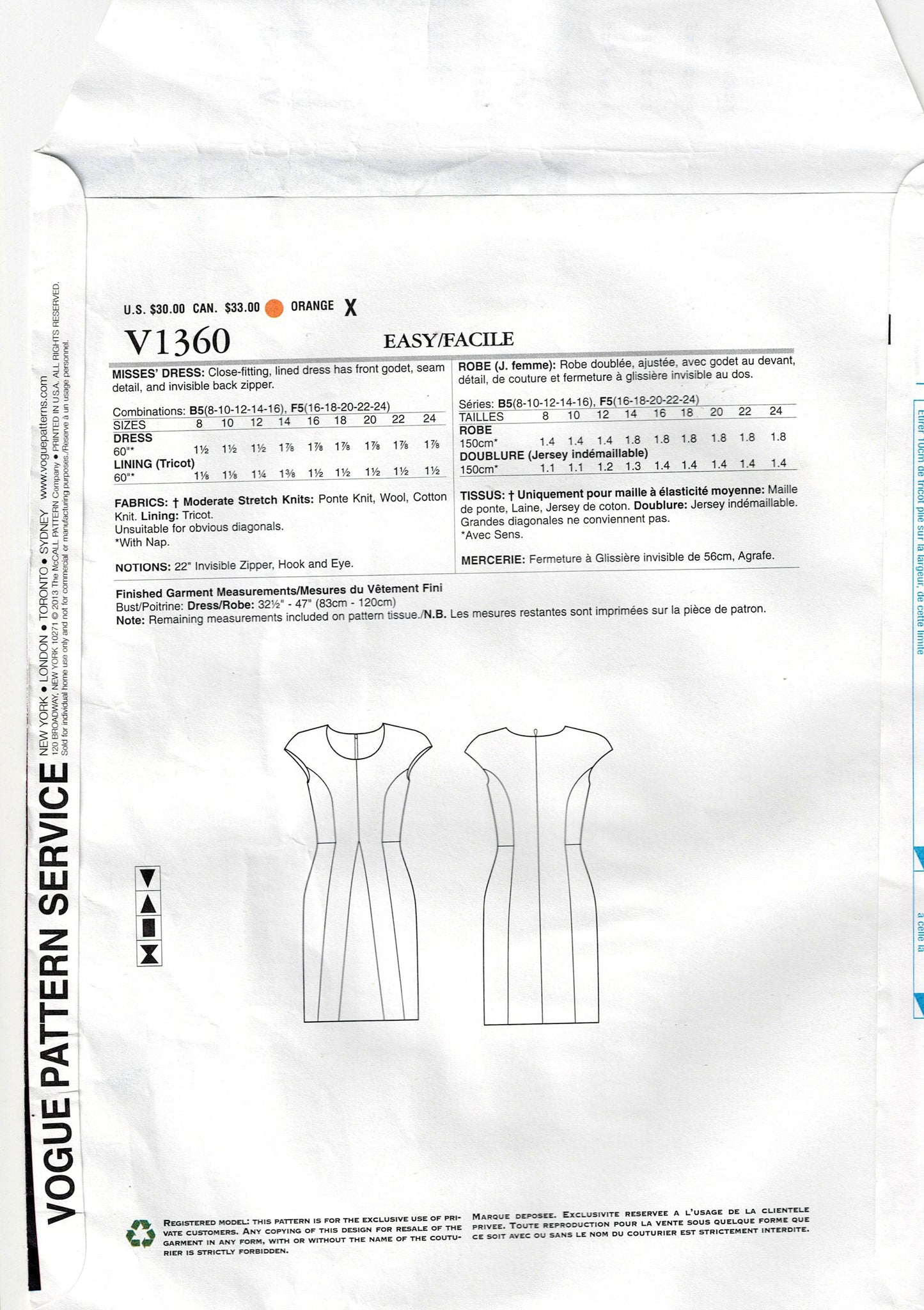 Vogue American Designer 1360 KAY UNGER NY Womens Stretch Panelled Lined Dress for Wool Or Ponte Knit Out Of Print Sewing Pattern Size 8 - 16 or 16 - 24 UNCUT Factory Folded