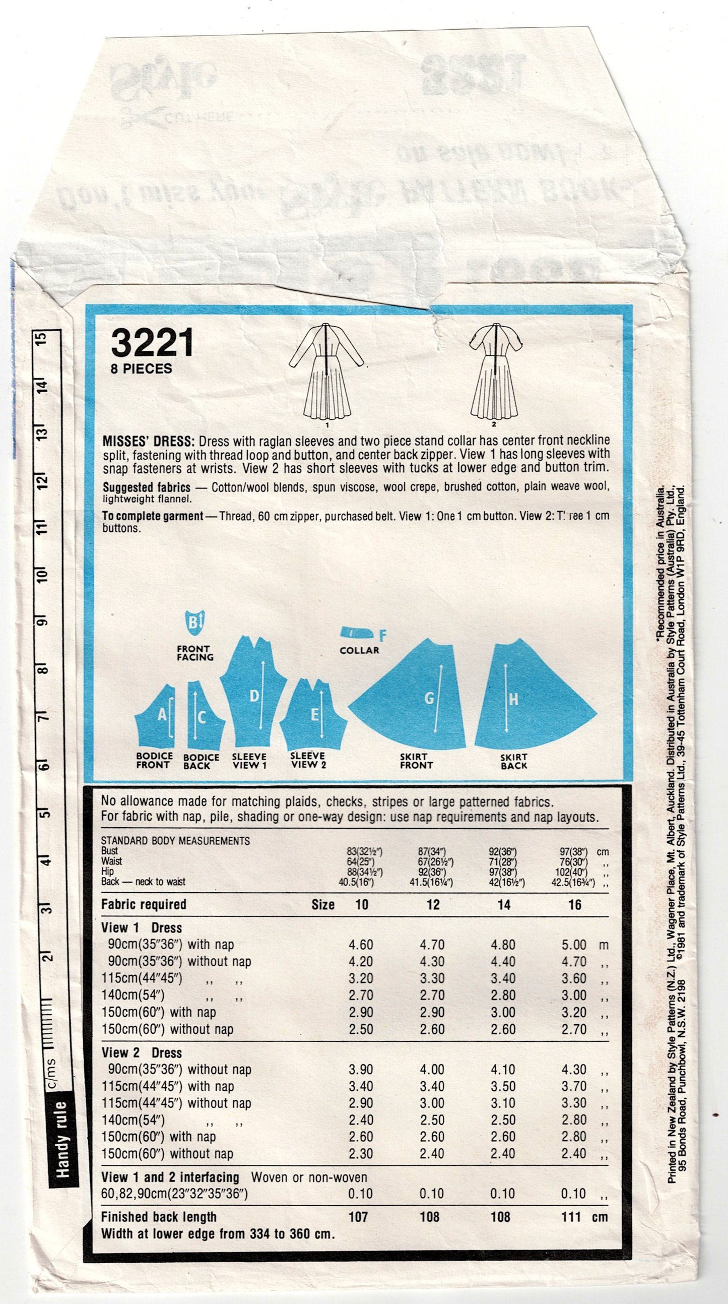 Style 3221 Womens Raglan Sleeved Dress with Mandarin Collar 1980s Vintage Sewing Pattern Size 12 Bust 34 inches
