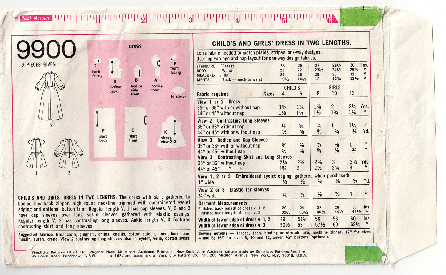 Simplicity 9900 Girls Full Skirt Dress with Contrast Bodice 1970s Vintage Sewing Pattern Size 8