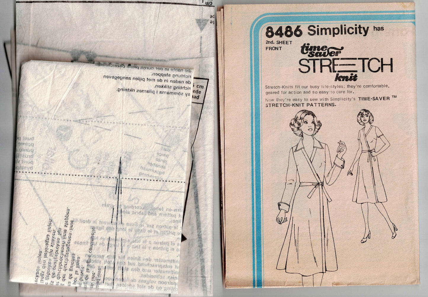 Simplicity 8486 Womens Half Sized Stretch Knit Wrap Dress with Optional Wide Collar 1970s Vintage Sewing Pattern Bust 43 Inches