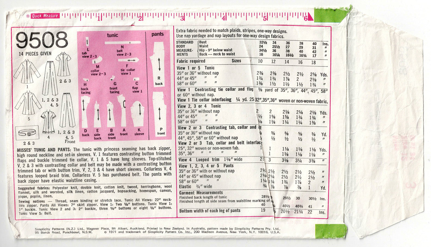 Simplicity 9508 Womens Retro Tunic & Pants 1970s Vintage Sewing pattern Size 12 Bust 34 inches