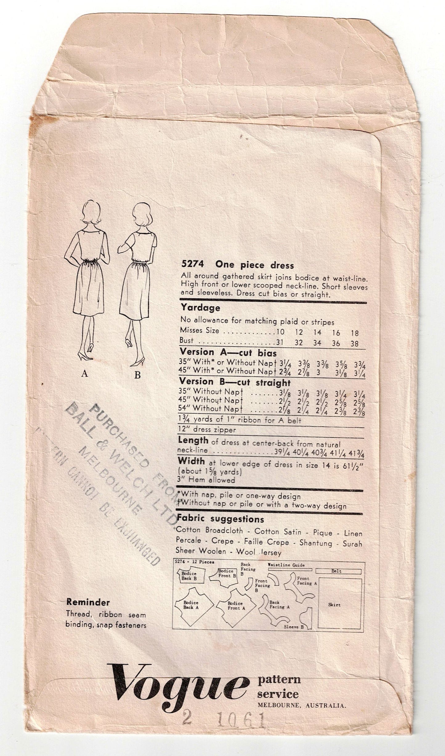 Vogue 5274 Womens Blouson Dress 1960s Vintage Sewing Pattern Size 14 Bust 34 inches