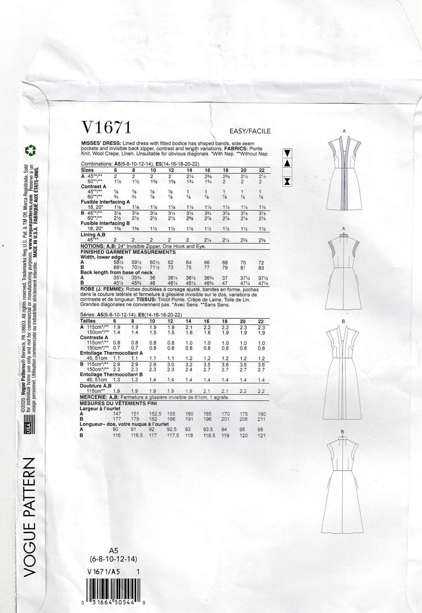 Vogue 1671 Designer Look Womens Evening Dress with Contrast Bands Out Of Print Sewing Pattern Size 6 - 14 UNCUT Factory Folded