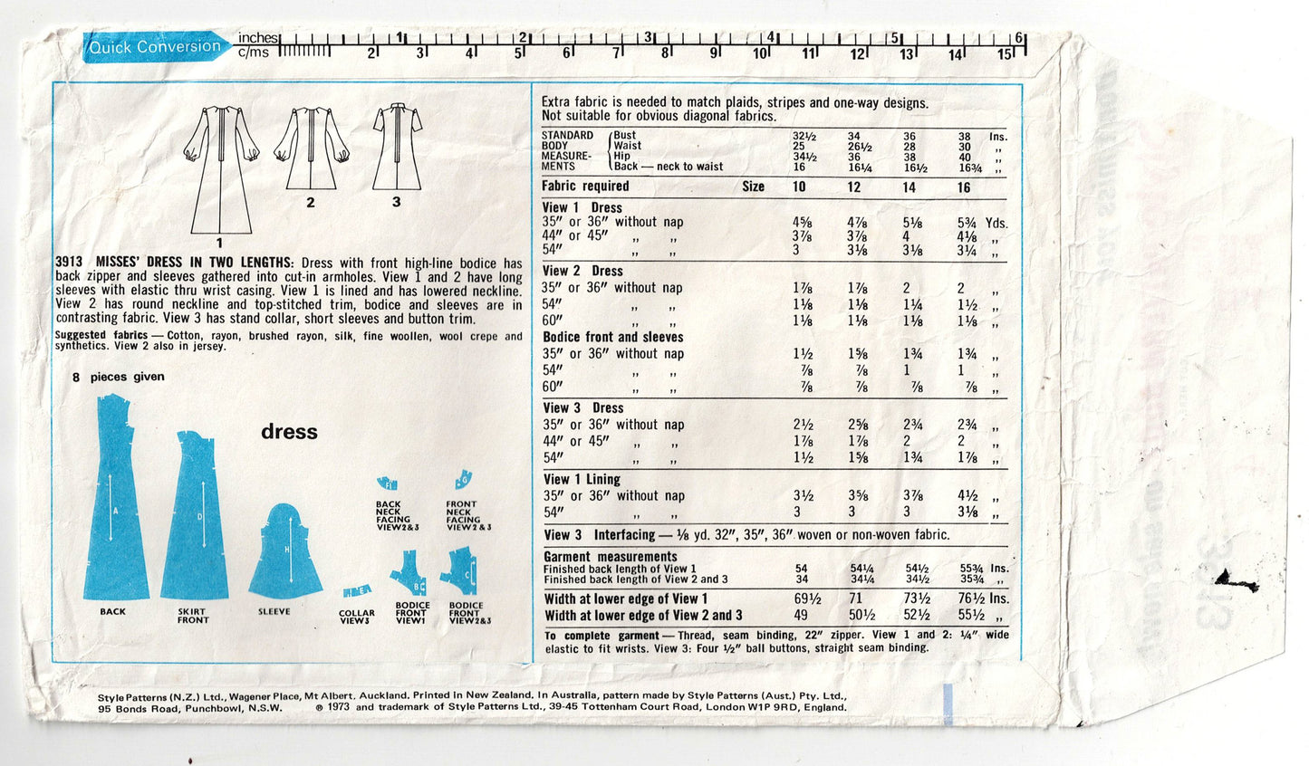 Style 3913 Womens Empire Waisted Colour Blocked Dress 1970s Vintage Sewing Pattern Size 12 Bust 34 inches