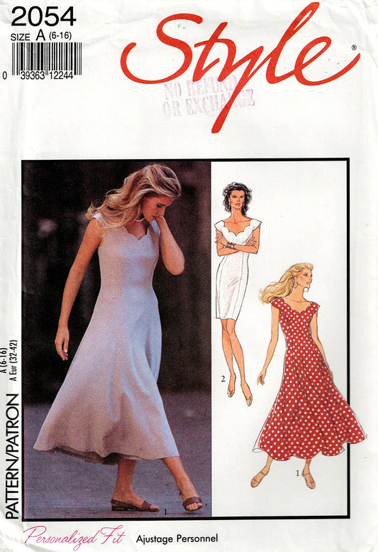 Style 2054 Womens Fit & Flared Summer Dress with Scalloped Neckline 1990s Vintage Sewing Pattern Size 6 - 16 UNCUT Factory Folded
