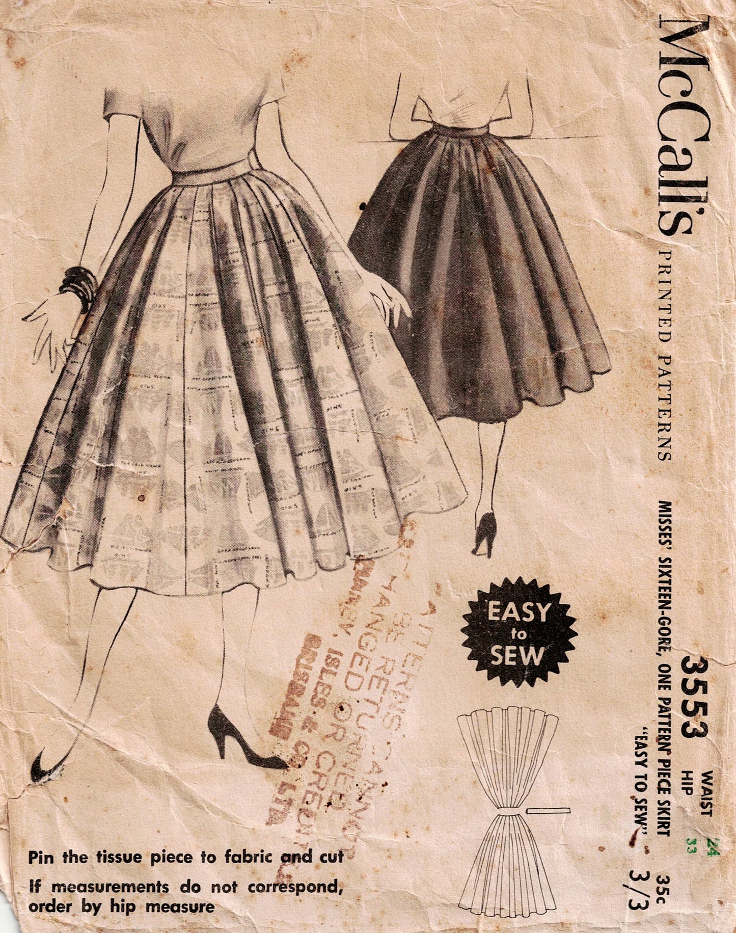 McCall's 3553 Womens Sixteen Gore Skirt 1950s Vintage Sewing Pattern Waist 24 inches UNCUT Factory Folded