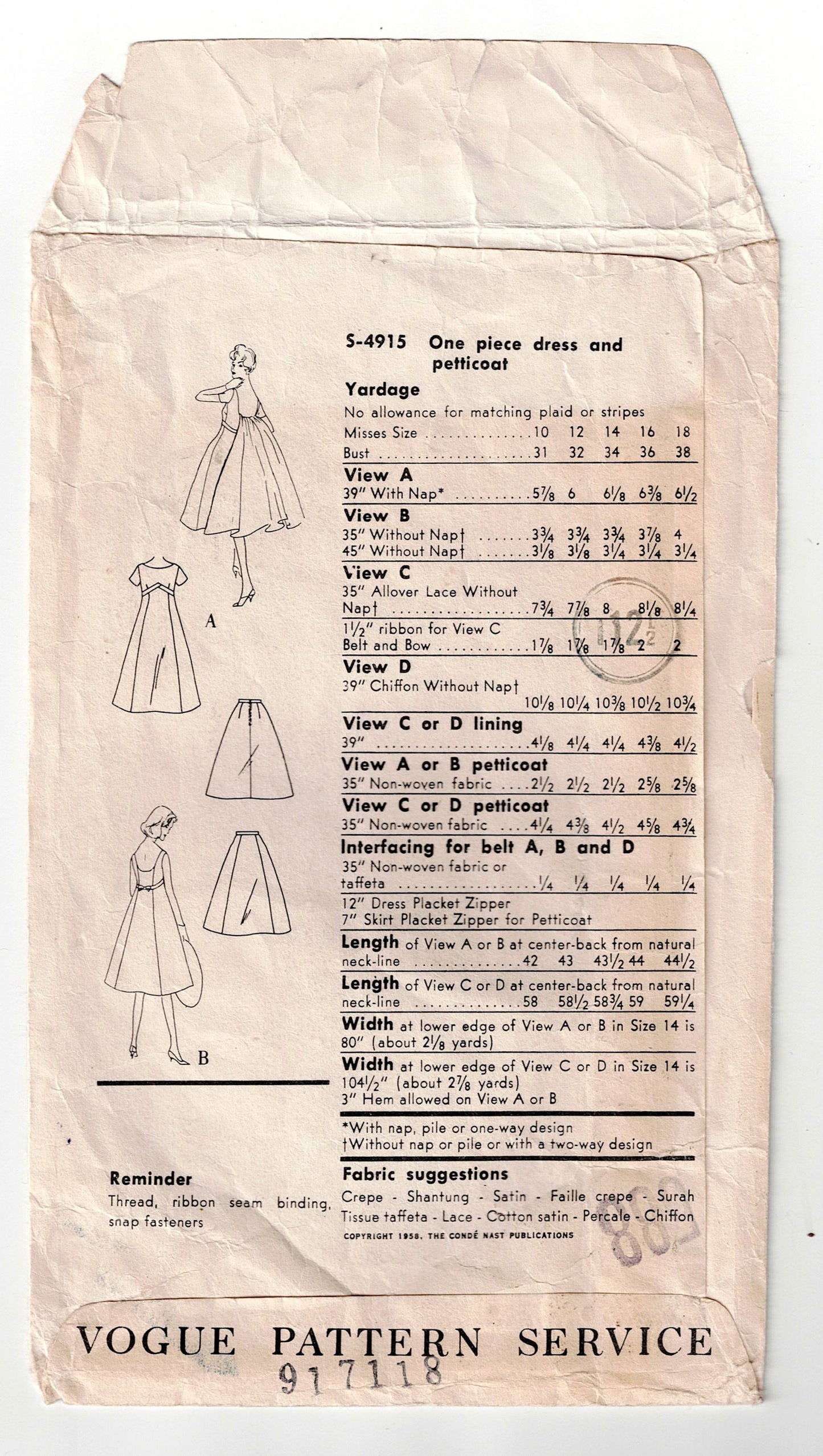 Vogue Special Design s-4915 Womens Evening Draped Back Full Skirt Gown & Petticoat 1950s Vintage Sewing Pattern Bust 38 Inches