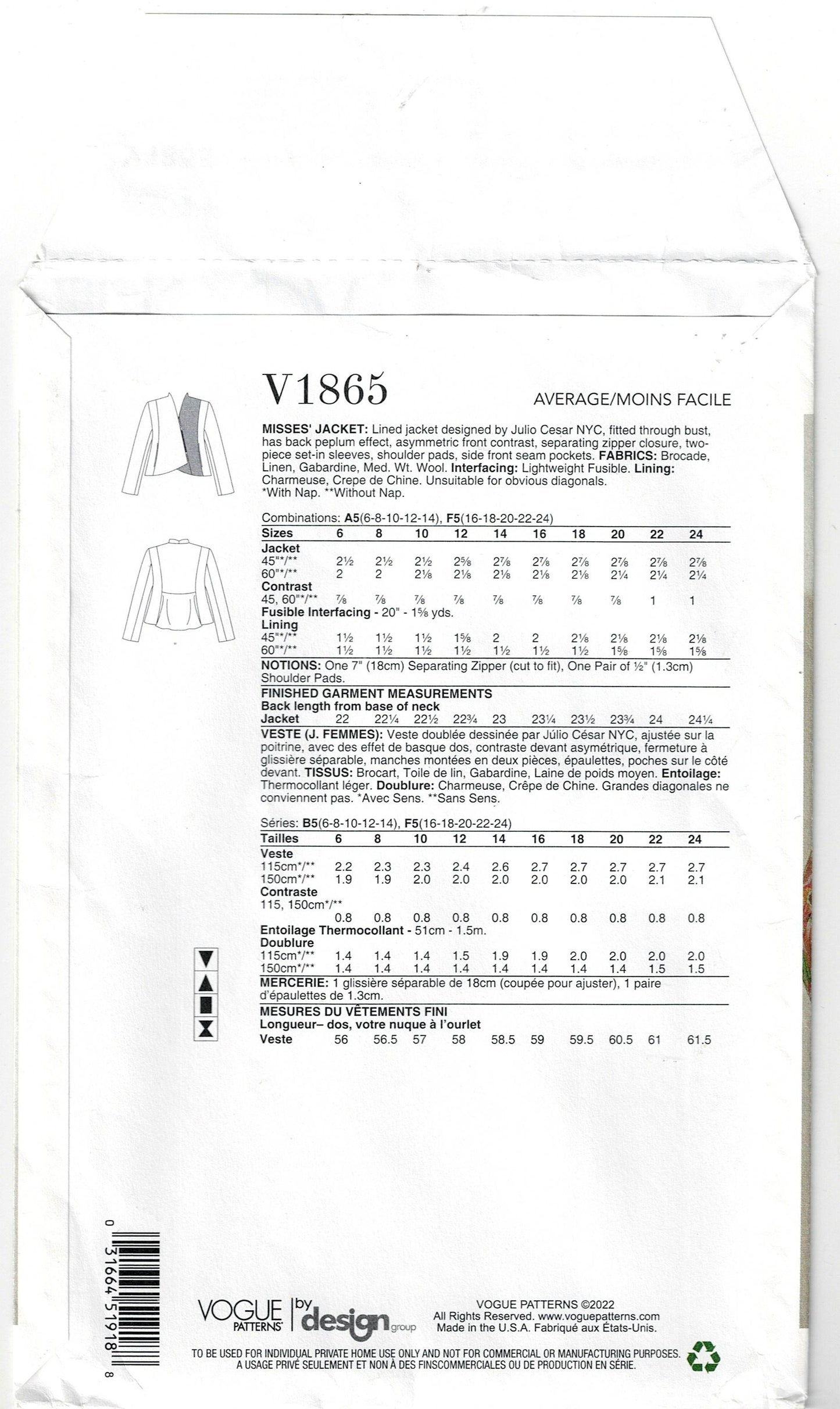 Vogue 1865 JULIO CESAR Womens Evening Jacket Sewing Pattern Size 16 - 24 UNCUT Factory Folded