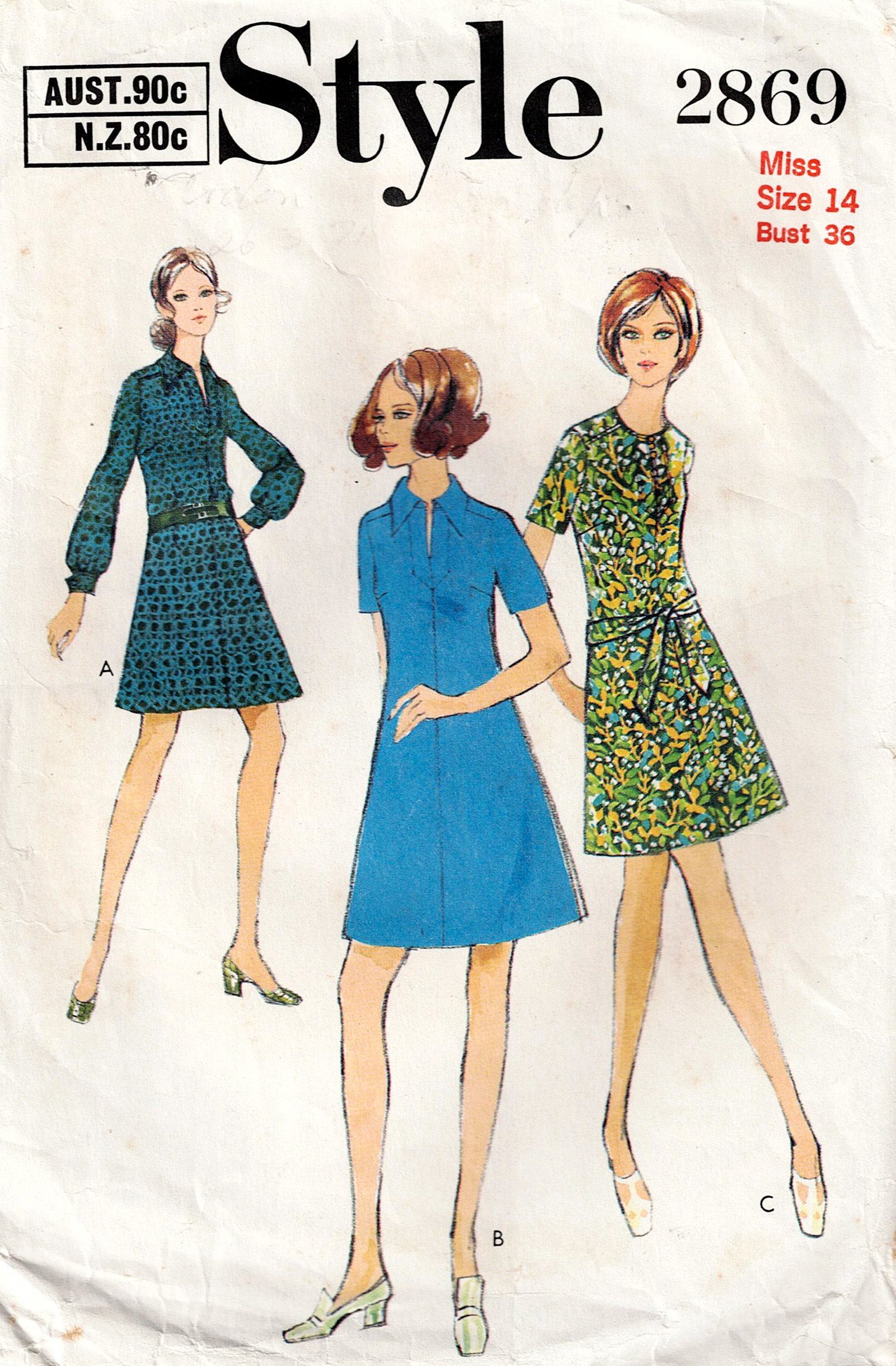 Style 2869 Womens A Line Dress 1970s Vintage Sewing Pattern Size 14 Bu –  All The Precious Things