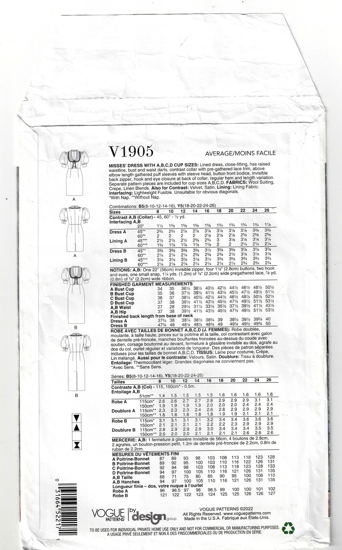 Vogue 1905 Womens High Waisted Puff Sleeved Slim Collared Dress Sewing Pattern Size 18 - 26 UNCUT Factory Folded
