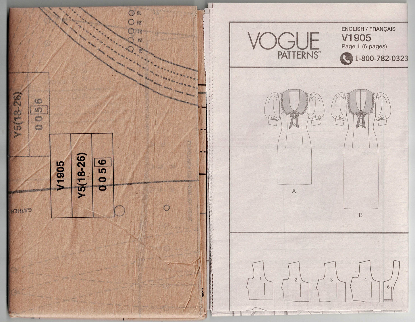 Vogue 1905 Womens High Waisted Puff Sleeved Slim Collared Dress Sewing Pattern Size 18 - 26 UNCUT Factory Folded