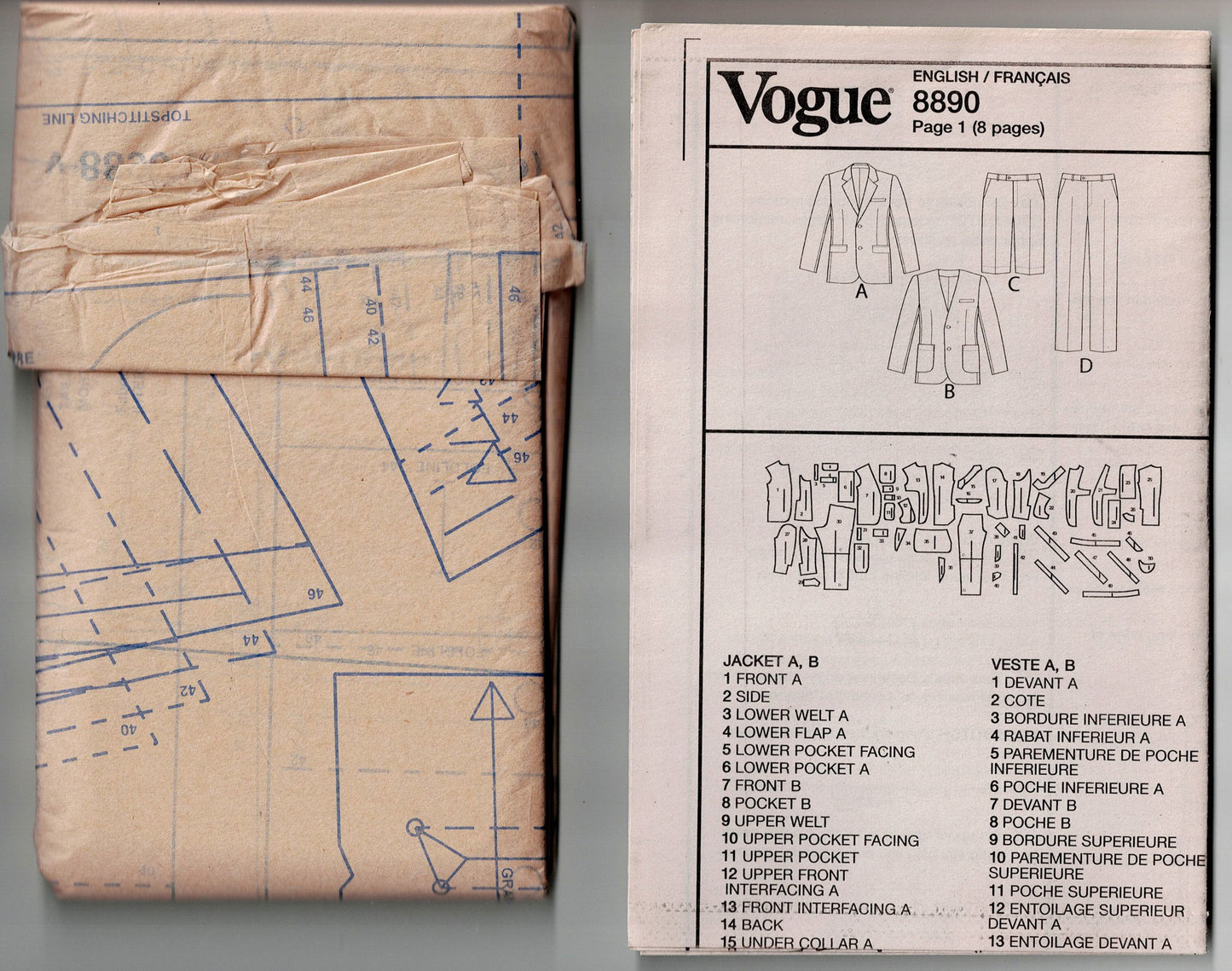 Vogue 8890 Mens Suit Jacket Shorts & Pants Sewing Pattern Size 40 - 46 Inches UNCUT Factory Folded