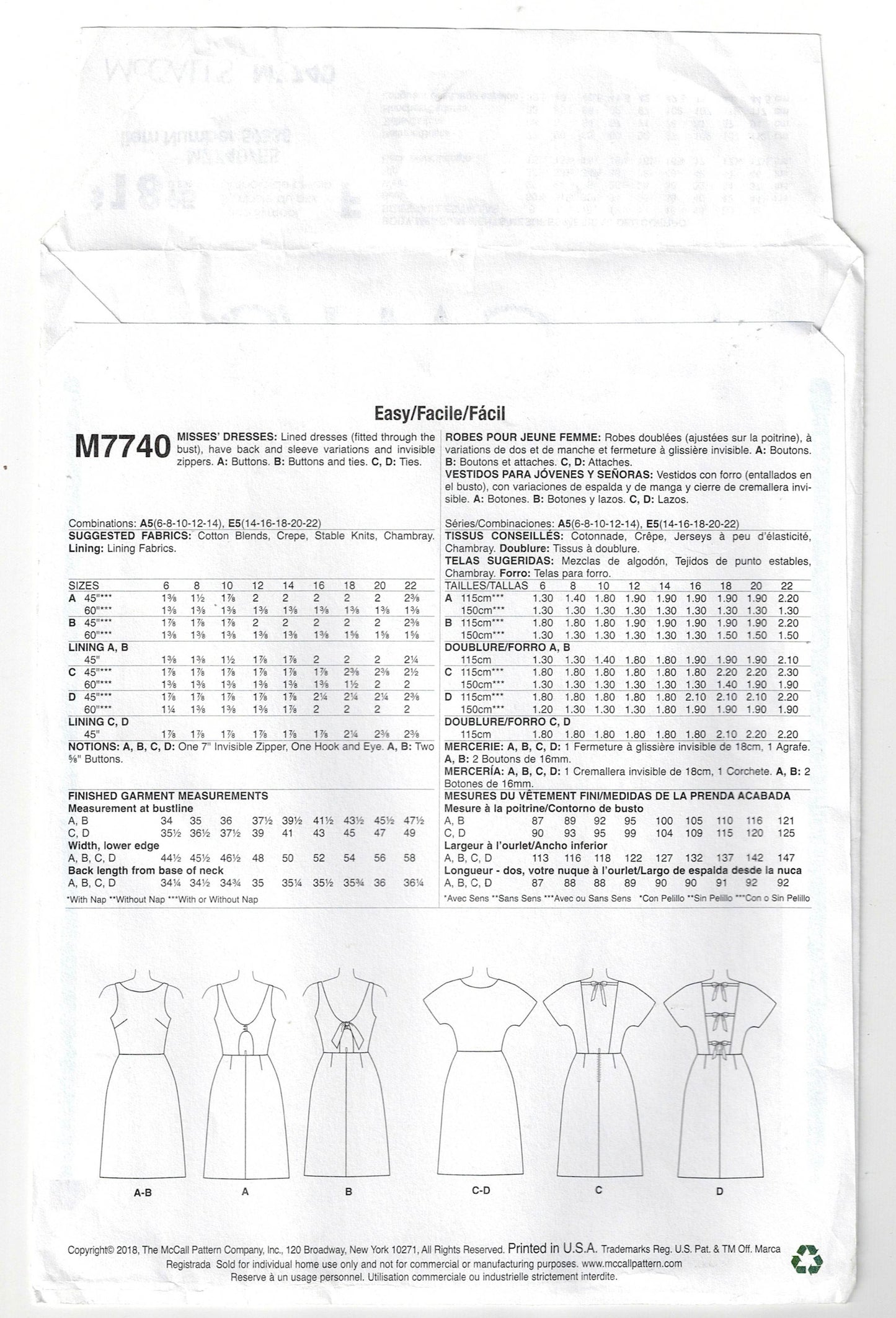 McCall's 7740 Womens Lined Open Back Sundress Out Of Print Sewing Pattern Size 14 - 22 UNCUT Factory Folded