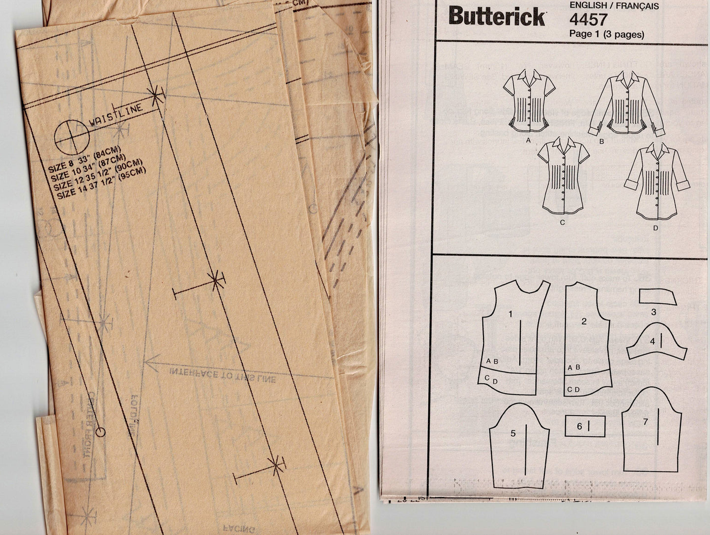 Butterick 4457 Womens Tucked Front Blouses Out Of Print Sewing Pattern Size 8 - 16 UNCUT Factory Folded