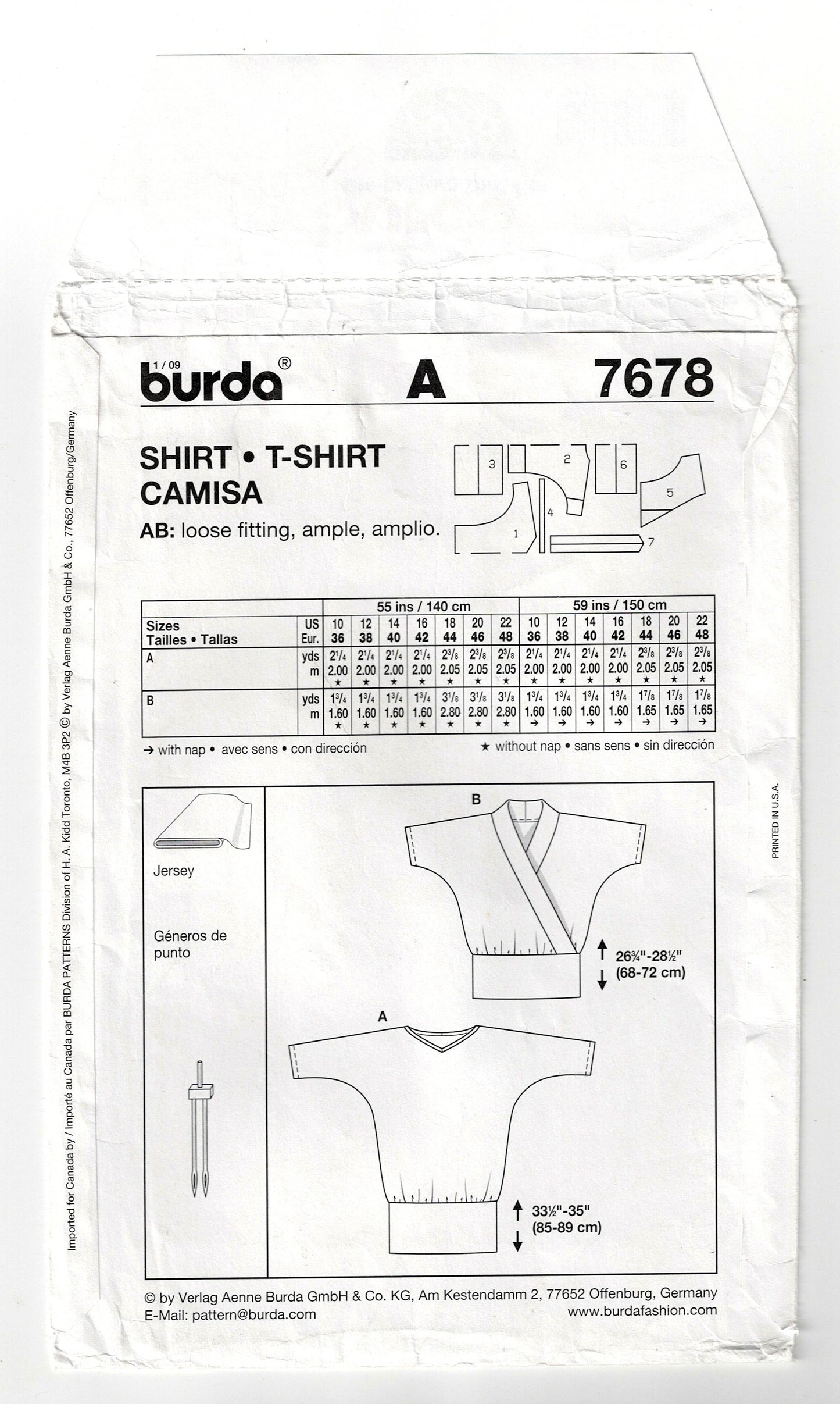 Burda Young 7678 Womens Stretch Knit Tops Out Of Print Sewing Pattern Sizes 10 - 22 UNCUT Factory Folded