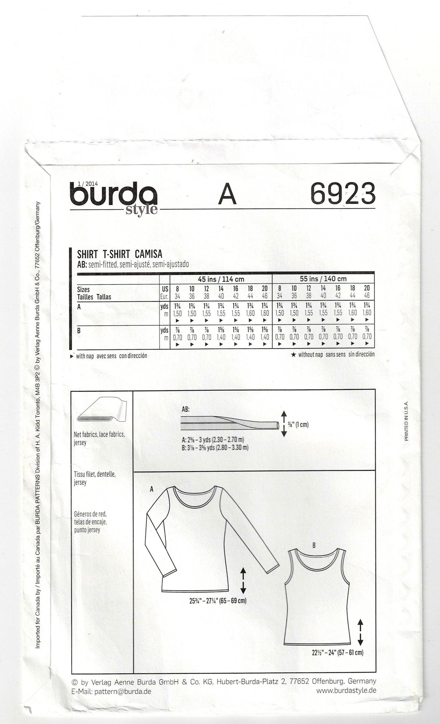 Burda Young 6923 Womens Stretch Knit Tops Out Of Print Sewing Pattern Sizes 8 - 20 UNCUT Factory Folded