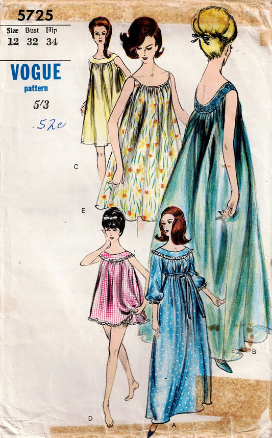 Vogue 5725 Womens Luxury Nightgowns & Panties 1960s Vintage Sewing Pattern Size 12 Bust 32 inches UNUSED Factory Folded
