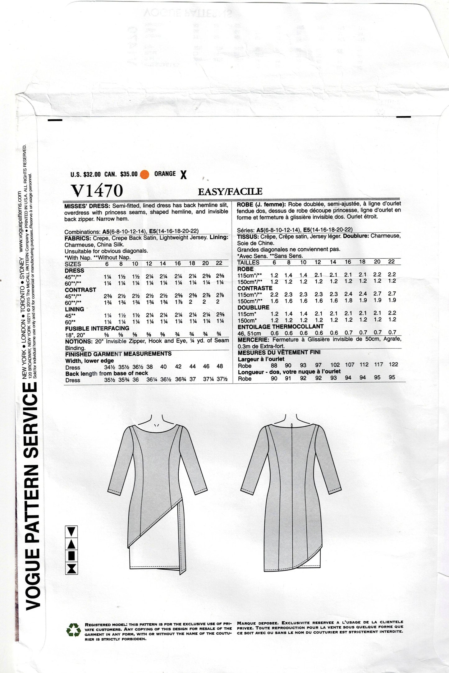 Vogue American Designer 1470 TOM & LINDA PLATT Womens Lined Evening Dress with Asymmetric Overlay Out Of Print Sewing Pattern Size 14 - 22 UNCUT Factory Folded