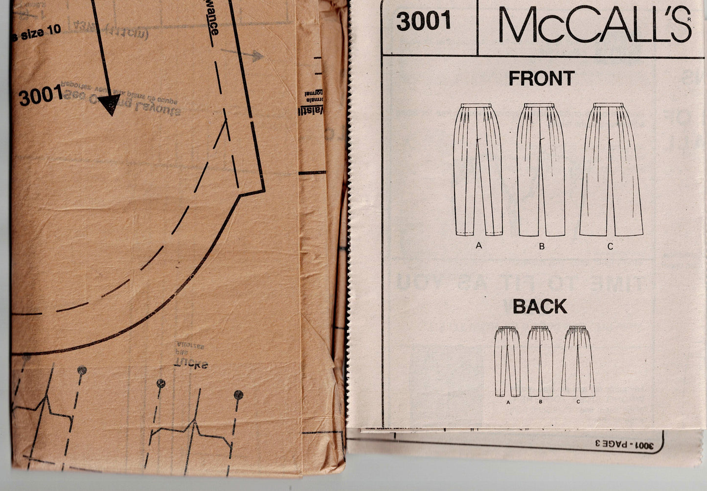 McCall's 3001 Womens PALMER PLETSCH Classic Fit Pants with Tapered or Wide Legs Out Of Print Sewing Pattern Size 10 UNCUT Factory Folded
