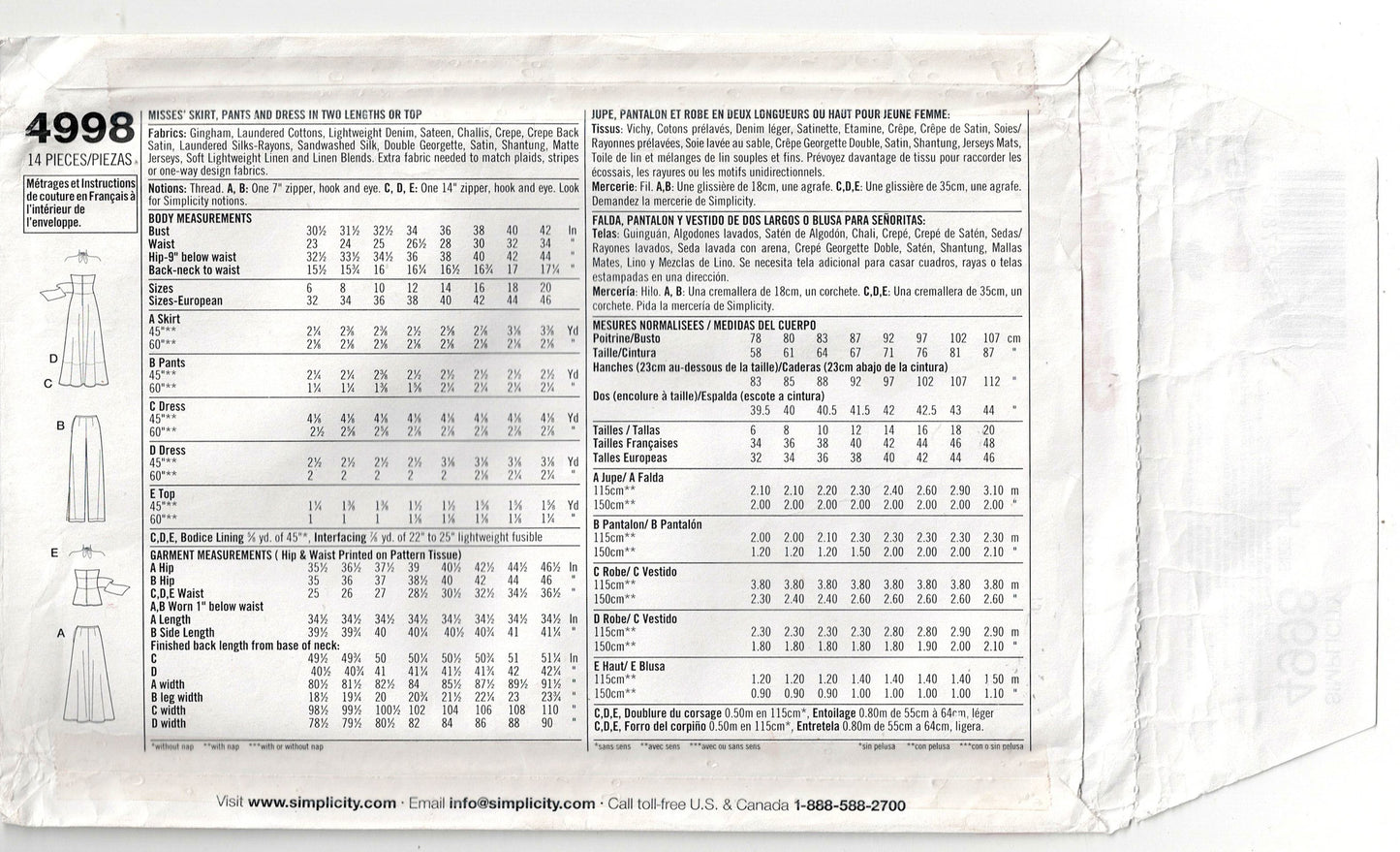 Simplicity 4998 Womens Halter Midriff Band Sundress Top Skirt & Pants Out Of Print Sewing Pattern Size 6 - 12 UNCUT Factory Folded
