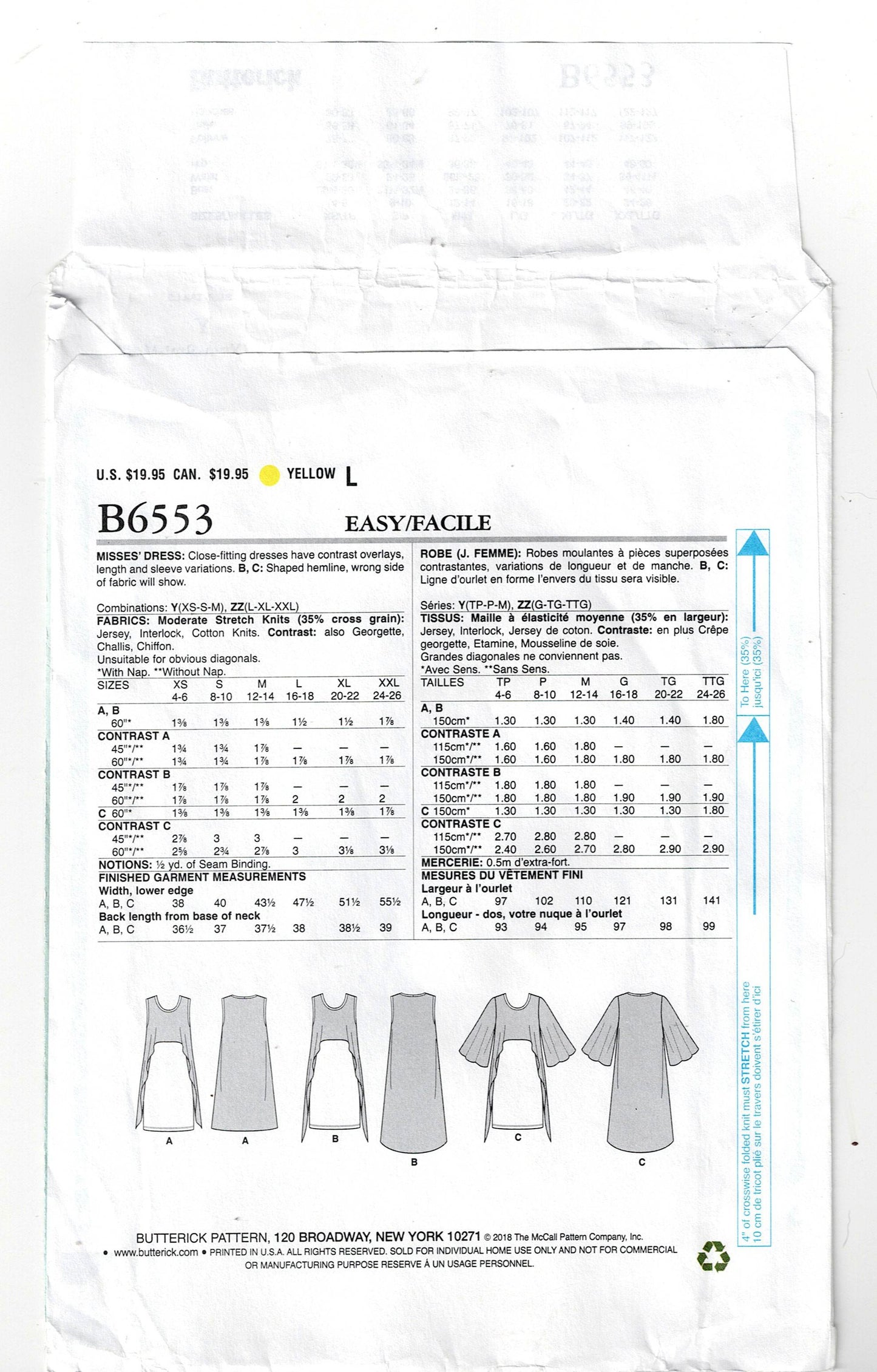 Butterick 6553 Womens Stretch Dress with High Low Contrast Overlay Out Of Print Sewing Pattern Size XS - M UNCUT Factory Folded