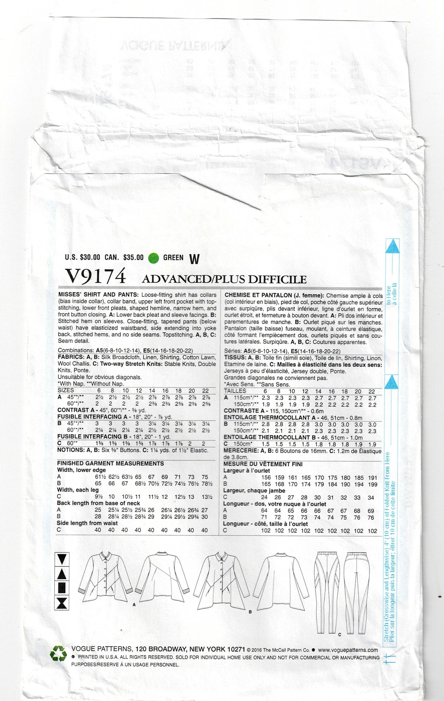 Vogue Designer Original 9174 MARCY TILTON Womens Back Pleated Shirt & Stretch Slim Pants Out Of Print Sewing Pattern Sizes 6 - 14 UNCUT Factory Folded