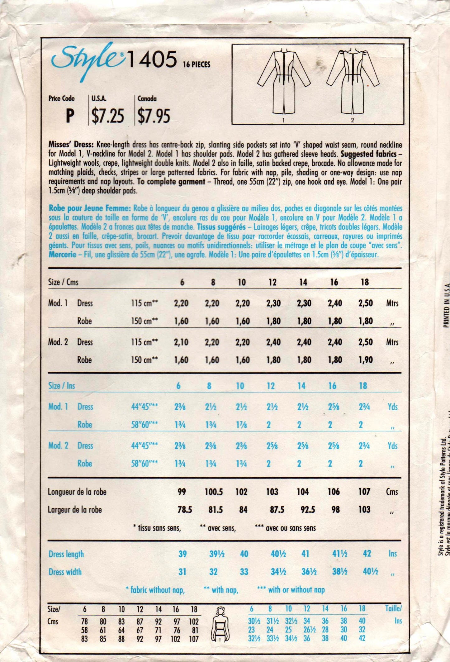 Patrón de costura vintage de los años 80 para vestido de mujer de manga larga estilo 1405, talla 12, busto de 34 pulgadas, sin cortar, doblado de fábrica