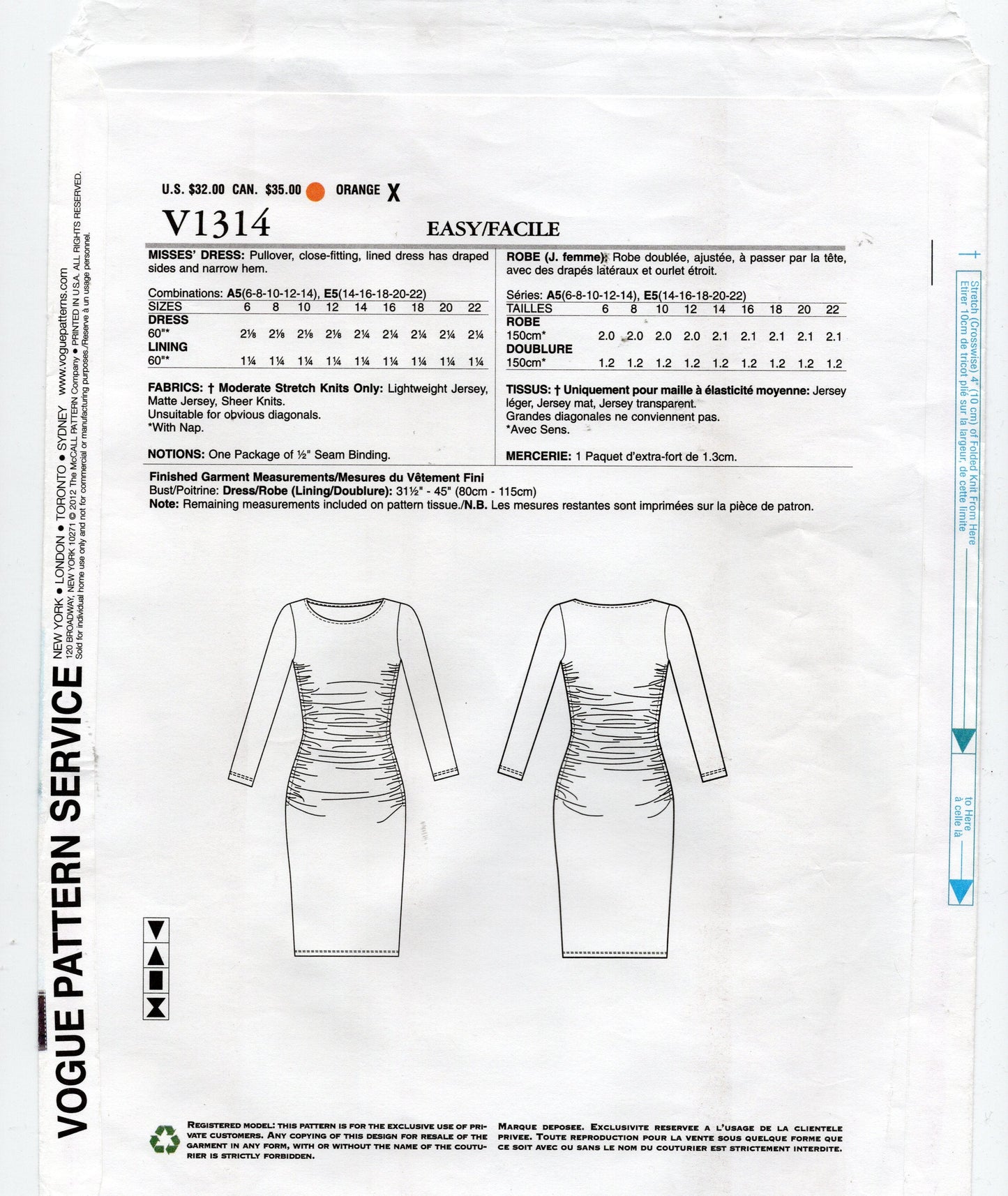 Vogue American Designer V1314 TRACY REESE Womens Stretch Ruched Pullover Evening Dress Out Of Print Sewing Pattern Size 14 - 22 UNCUT Factory Folded