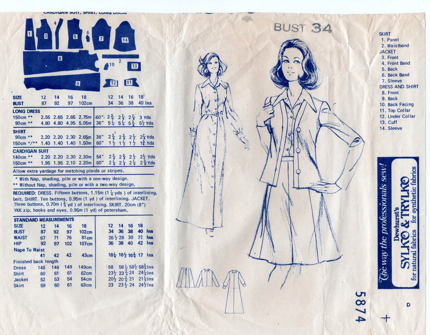 Patrón de costura vintage de los años 70, blusa y falda tipo cárdigan, vestido camisero largo para mujer, pedido por correo 5874, busto de 34 pulgadas, doblado de fábrica SIN USAR