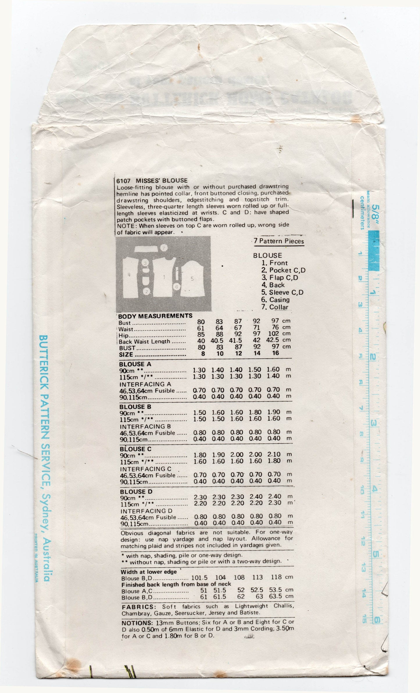 Patrón de costura vintage de los años 80 para blusas con hombros con cordón para mujer Butterick 6107, tallas 8, 10 o 12